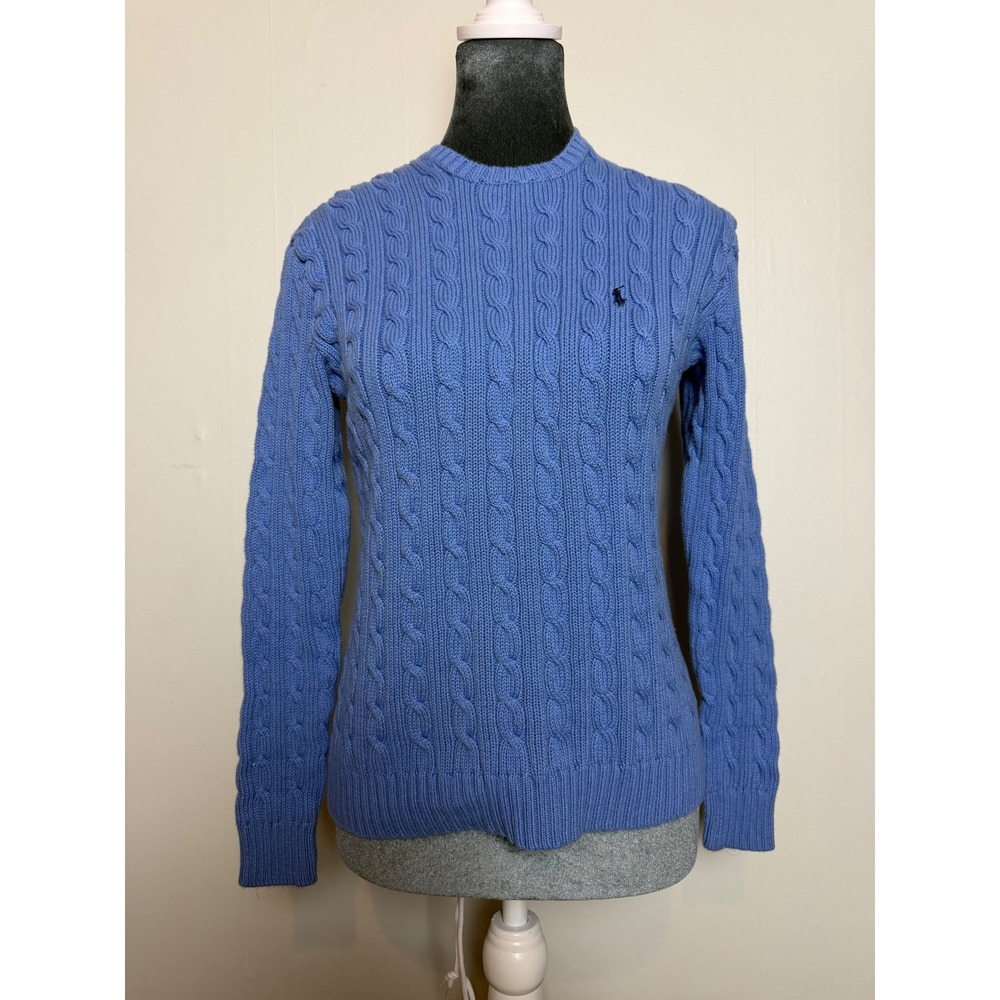 Ralph Lauren Sport Blue Cable Knit Crewneck Sweater Pony Logo preppy coastal S